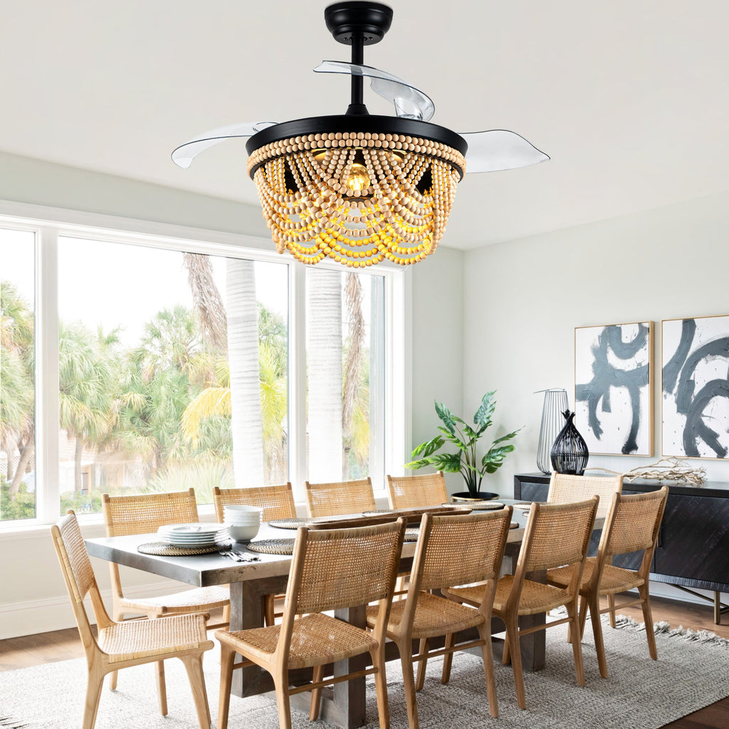 42 Inch Black Boho Retractable Ceiling Fan with Lights and Remote, 6 Speeds DC Motor Bladeless Fandelier Ceiling Fan with Wood Beaded Shade