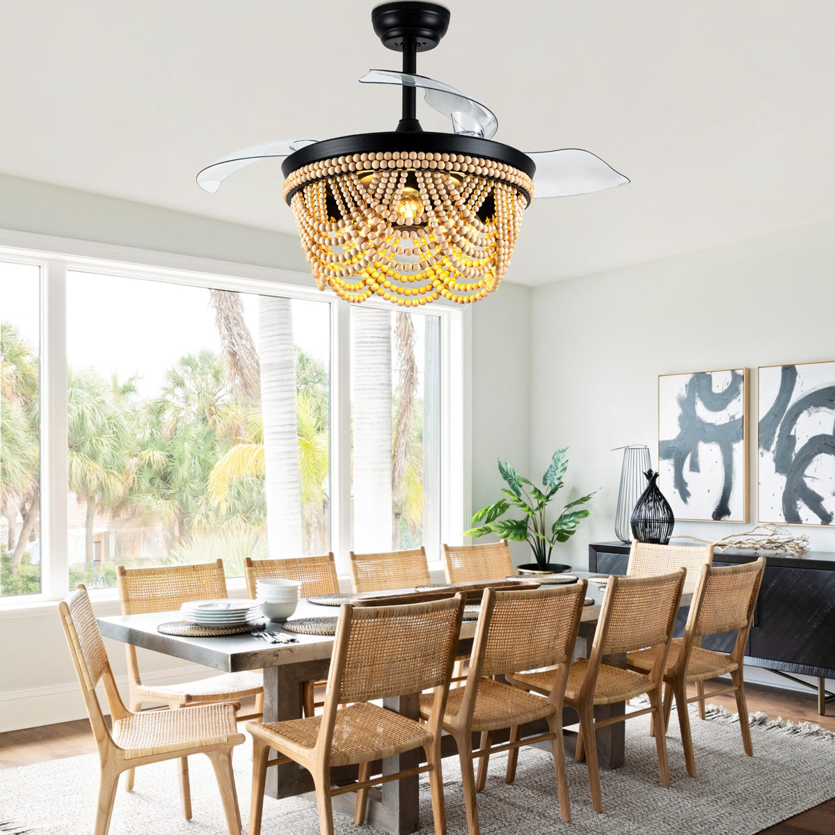 42 Inch Black Boho Retractable Ceiling Fan with Lights and Remote, 6 Speeds DC Motor Bladeless Fandelier Ceiling Fan with Wood Beaded Shade