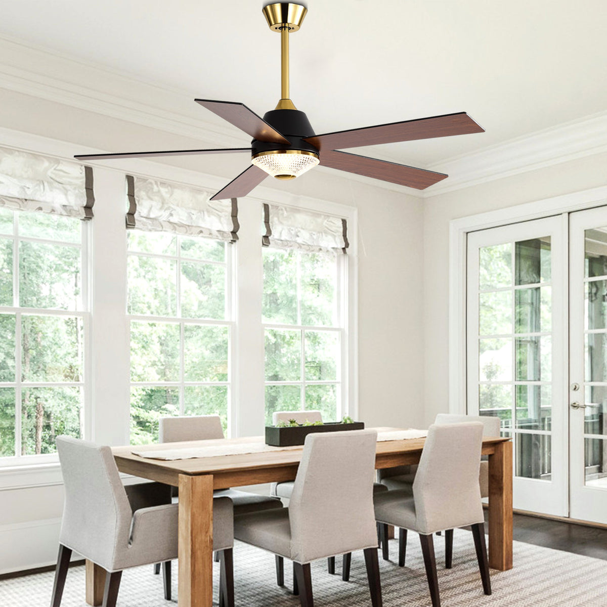 52 Inch Black and Gold Modern Ceiling Fan with LED Light and Remote Control, 6 Speeds DC Motor 5-Blade Reversible Ceiling Fan for Living Room