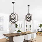4 - Lights Distressed Wood Chandelier with Adjustable Chain, 16.9" Geometric Chandelier for Entryway with DIY Shade