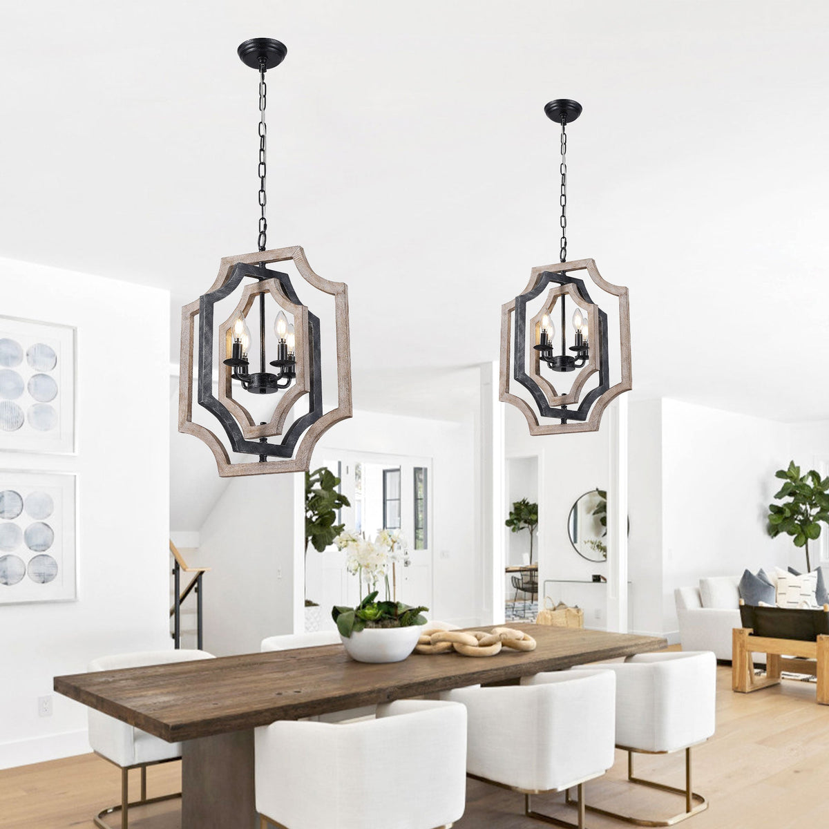 4 - Lights Distressed Wood Chandelier with Adjustable Chain, 16.9" Geometric Chandelier for Entryway with DIY Shade