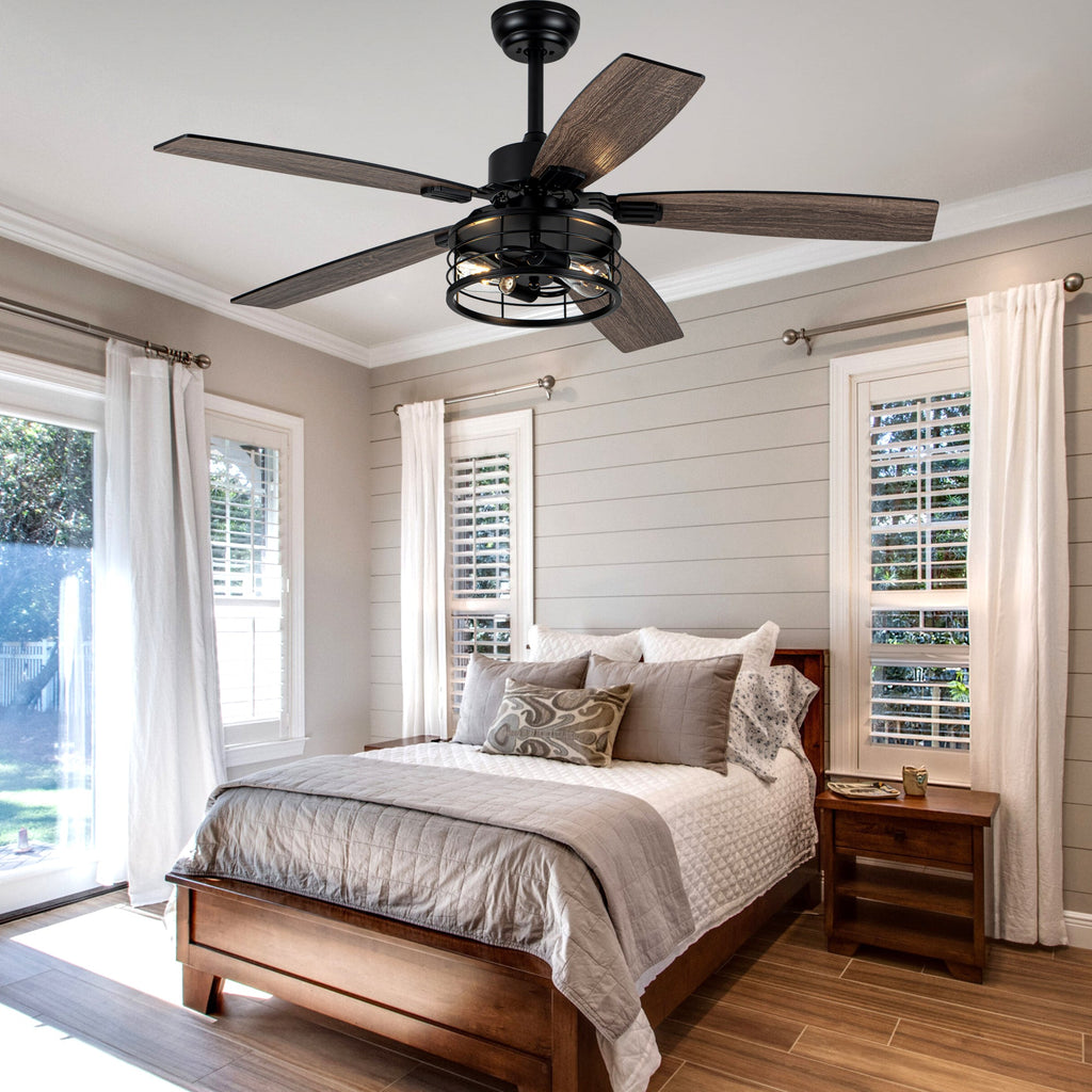 52 Inch Industrial Metal Caged Ceiling Fan with Lights and Remote Control, Silent DC Motor Fan for All Seasons