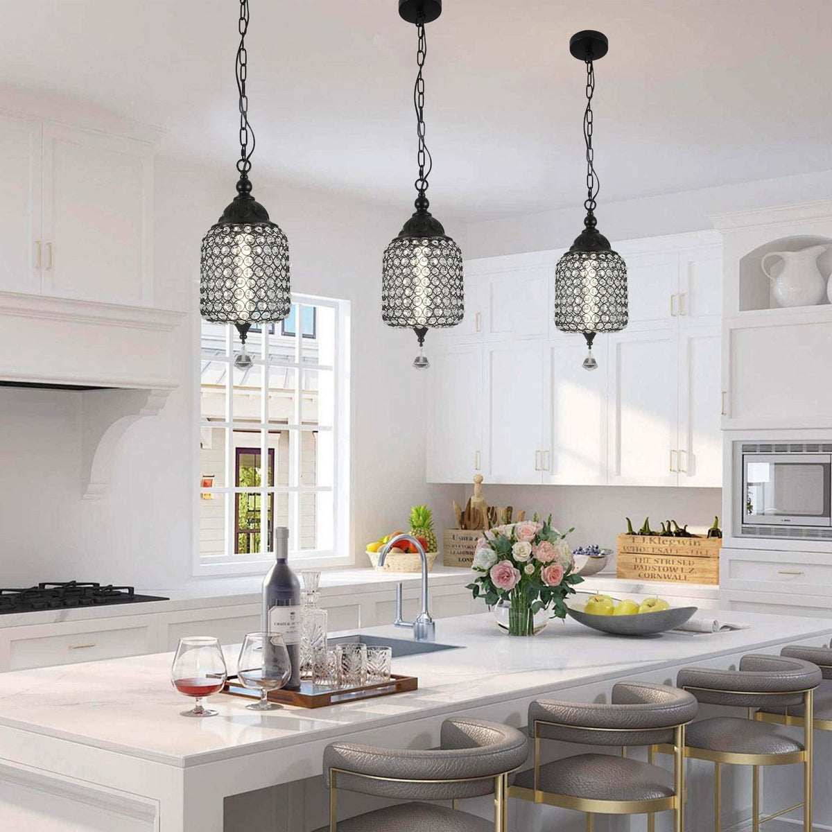 1 - Light Black/Chrome Cylinder Crystal LED Pendant Light, 7.3" Dining Room Light Fixtures Kitchen Island Light