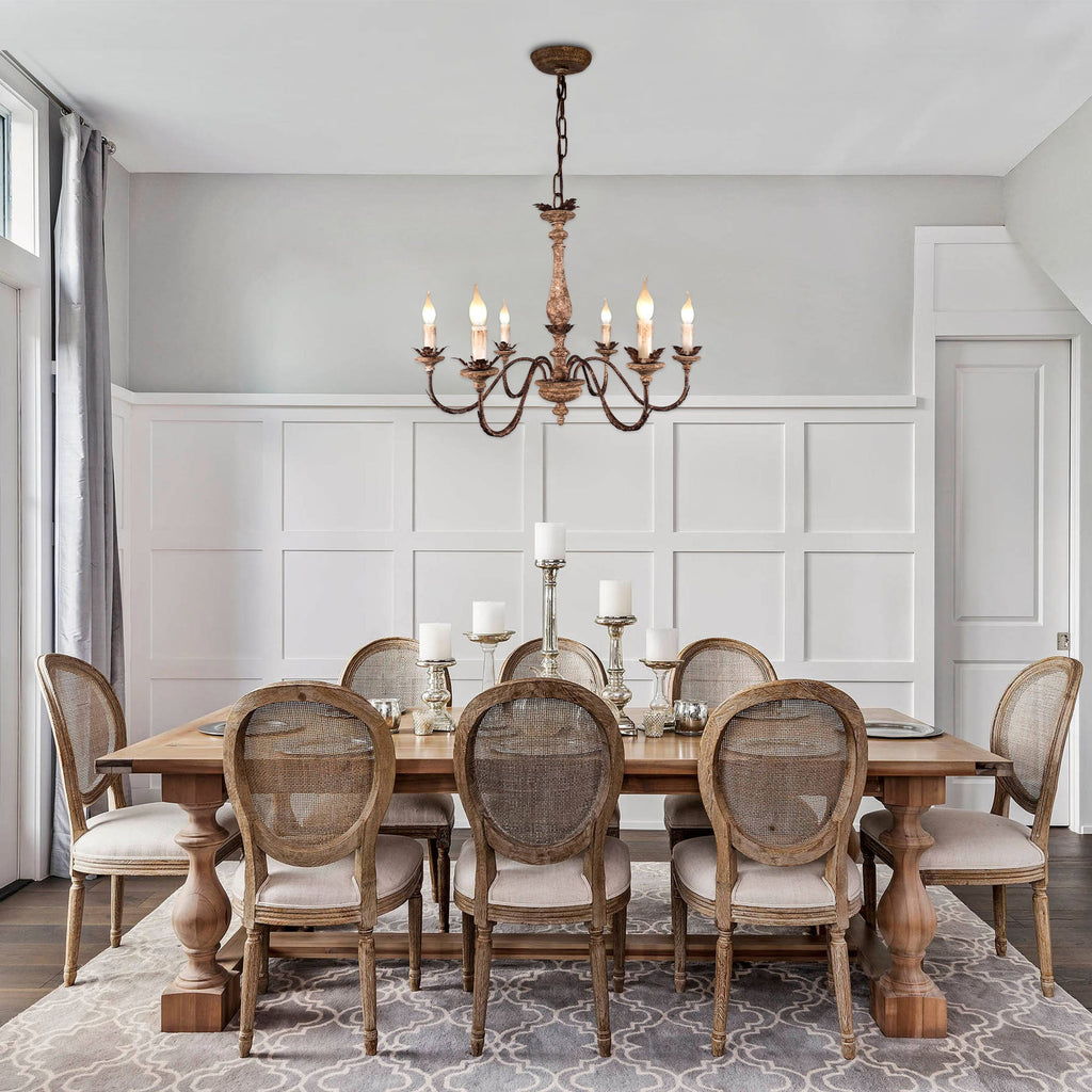 6-Light French Country Wood Chandelier, Rustic Bronze Pendant Lighting, Adjustable Chain Farmhouse Chandelier for Dining Room, Living Room, Foyer