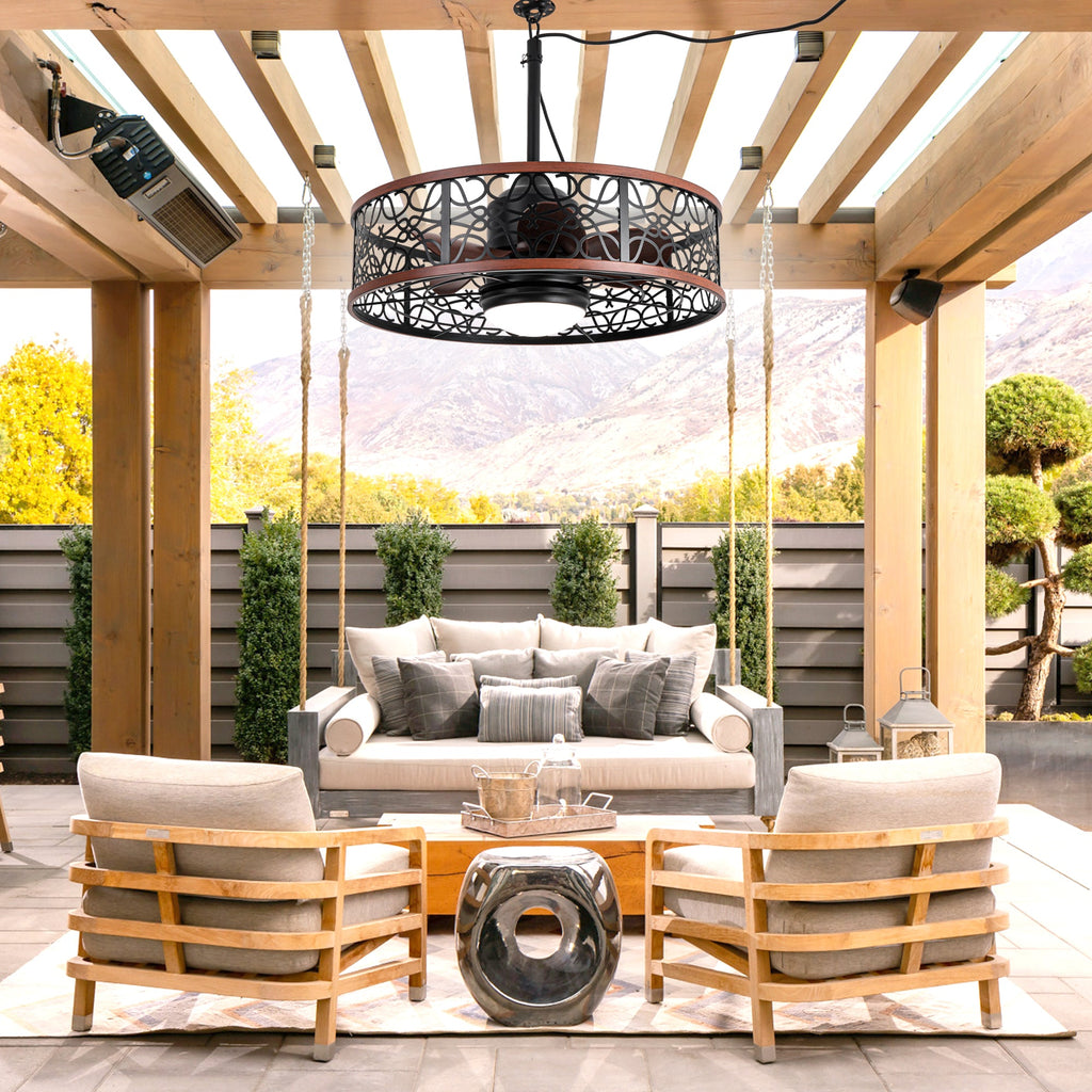 24 Inch Farmhouse Outdoor Waterproof Ceiling Fan with LED Light and Remote, 6 Speeds Black Plug In Caged Outdoor Fan Light
