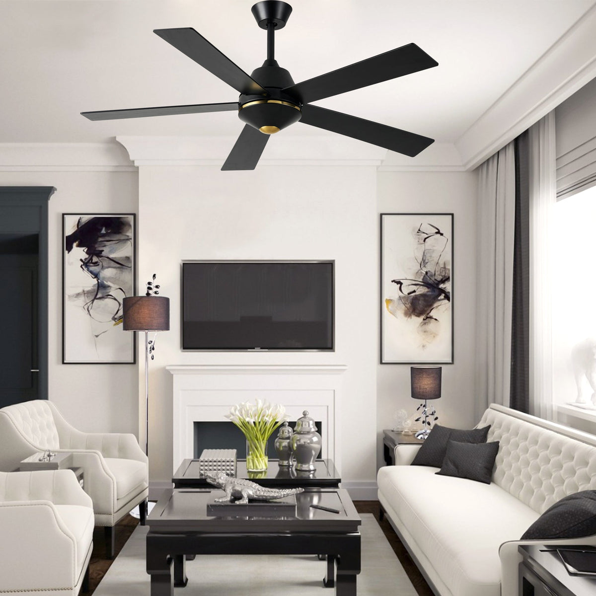 52 Inch Black Modern Ceiling Fan with Remote Control, 6 Speeds DC Motor 5-Blade Reversible Ceiling Fan for Living Room