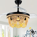 42 Inch Black Boho Retractable Ceiling Fan with Lights and Remote, 6 Speeds DC Motor Bladeless Fandelier Ceiling Fan with Wood Beaded Shade