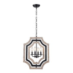 4 - Lights Distressed Wood Chandelier with Adjustable Chain, 16.9" Geometric Chandelier for Entryway with DIY Shade