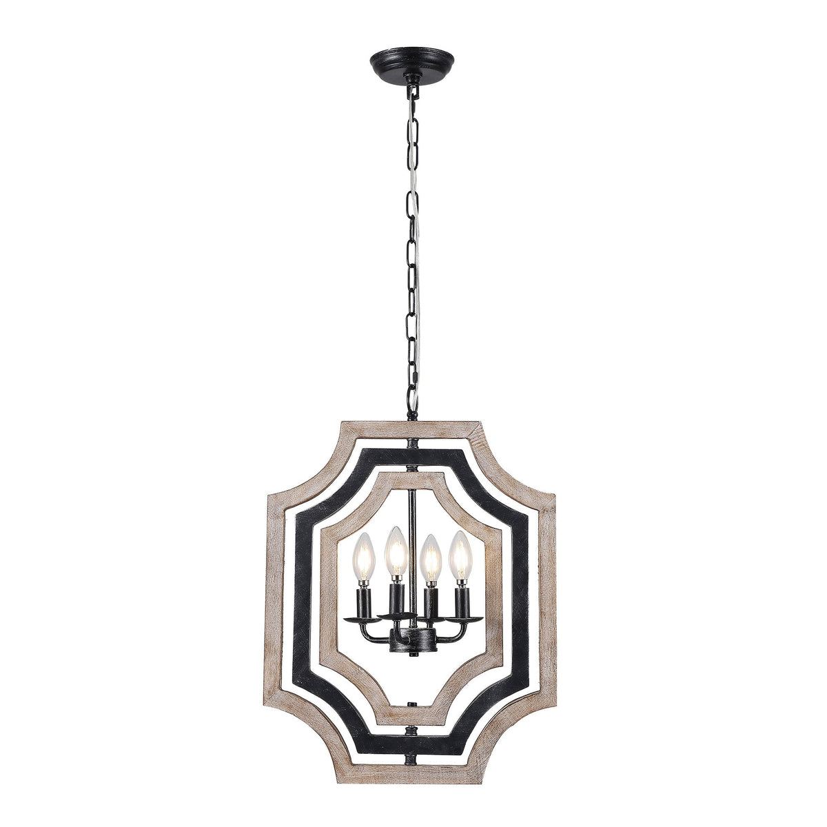 4 - Lights Distressed Wood Chandelier with Adjustable Chain, 16.9" Geometric Chandelier for Entryway with DIY Shade