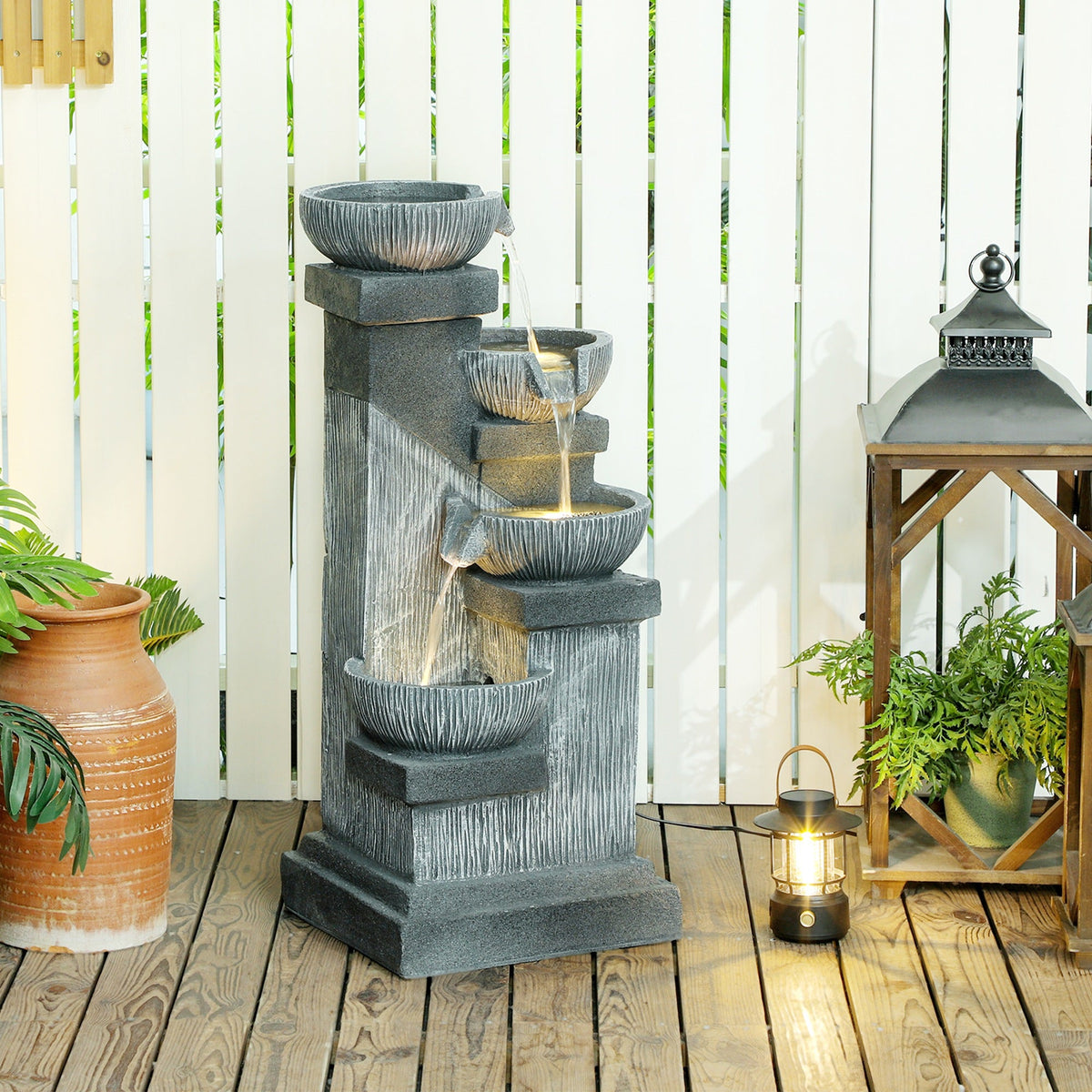 33.5" 4-Tier Resin Cascading Outdoor Fountain with LED Lights