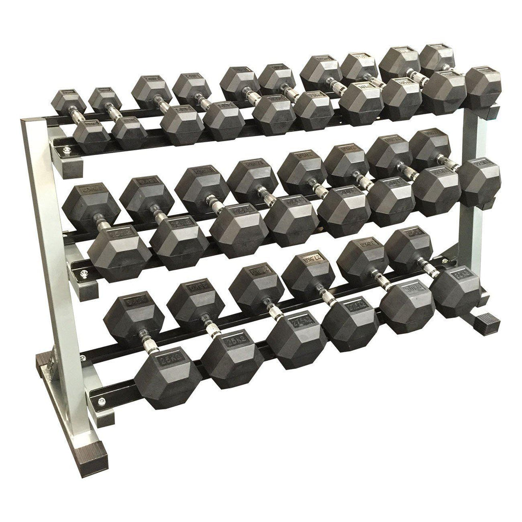Muscle Motion 2.5kg - 30kg (12 PAIR) Rubber Hex Dumbbell Set with 3 tier rack