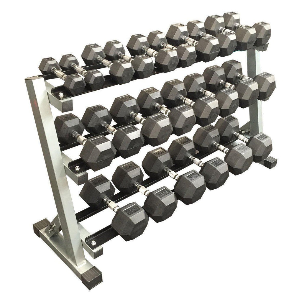 Muscle Motion 2.5kg - 30kg (12 PAIR) Rubber Hex Dumbbell Set with 3 tier rack