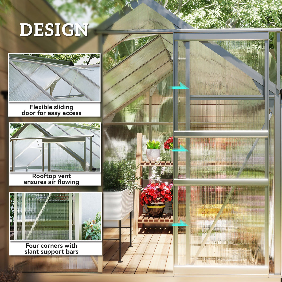 BloomGreen 6' x 10' x 6.6' Polycarbonate Greenhouse with Aluminum Frame, Silver