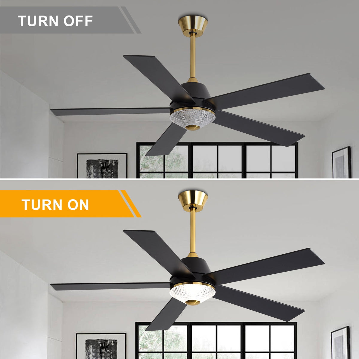 52 Inch Black and Gold Modern Ceiling Fan with LED Light and Remote Control, 6 Speeds DC Motor 5-Blade Reversible Ceiling Fan for Living Room