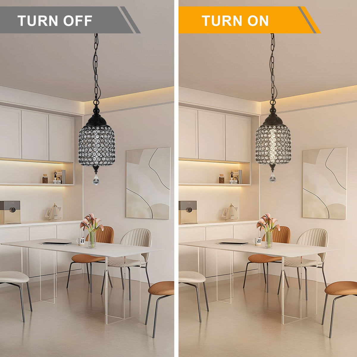 1 - Light Black/Chrome Cylinder Crystal LED Pendant Light, 7.3" Dining Room Light Fixtures Kitchen Island Light