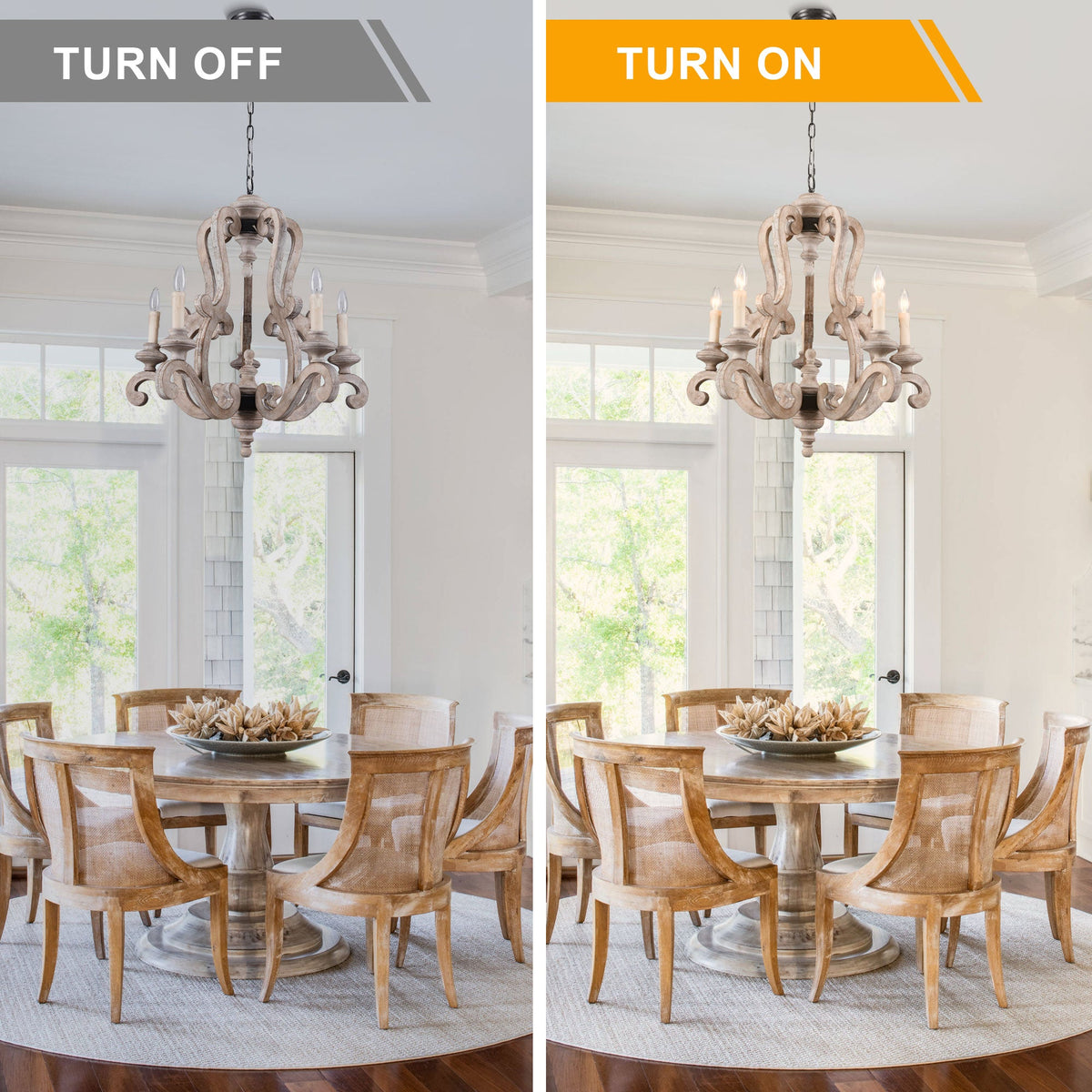 5 - Light Distressed Wood French Country Vintage Chandelier with Adjustable Height,  25" Farmhouse Chandelier for Dining Room