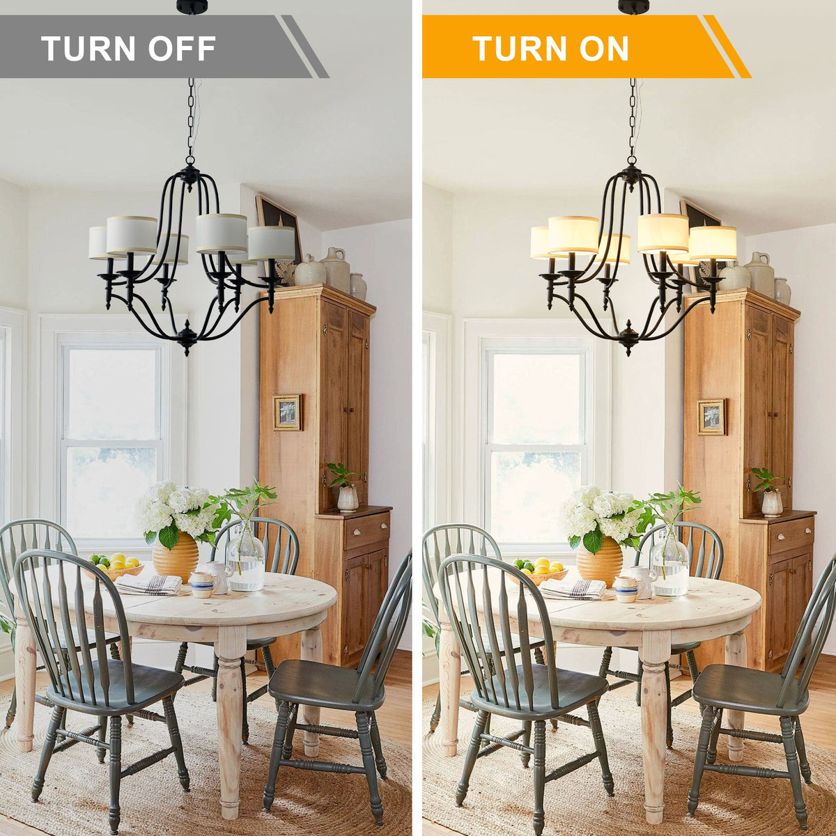 6 - Light Traditional Farmhouse Chandelier with Fabric Shades, 30 Inch Black Chandelier, Adjustable Classic Dining Room Light Fixture for Living Room