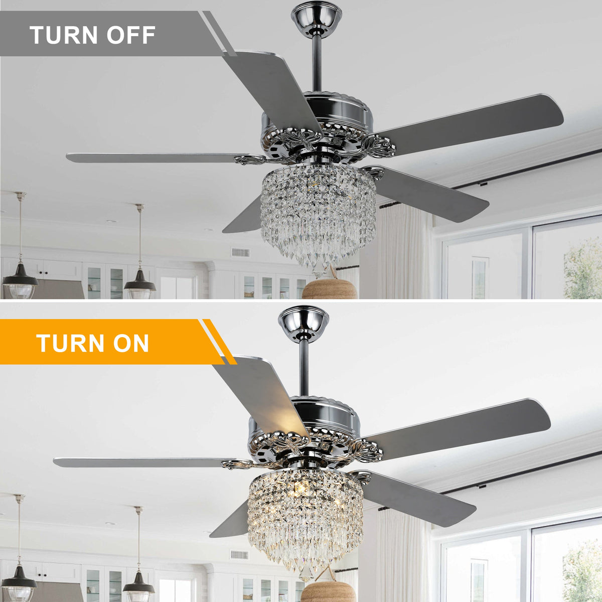 52 Inch Chrome Glam Crystal Ceiling Fan with Lights and Remote, 6 Speeds DC Motor Reversible Chandelier Ceiling Fan with Crystals