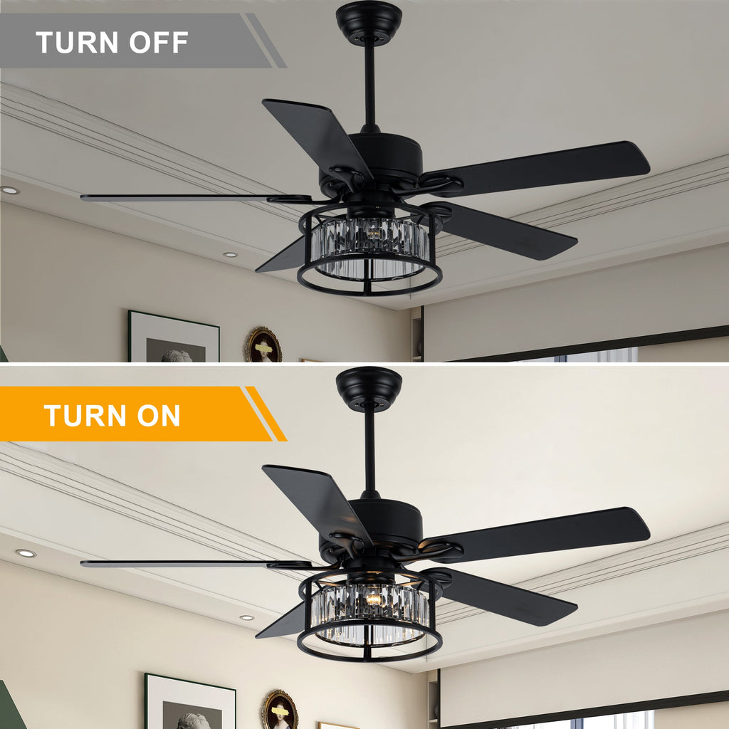 52 Inch Modern Glam Crystal Ceiling Fan with Lights and Remote, 6 Speeds DC Motor Black Reversible Ceiling Fan with Crystal Cage