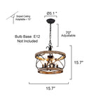 5 - Lights 15.7" Distressed Wood/White Mid-Century Caged Chandelier, Adjustable Chain Pendant Light Rustic Drum Chandelier
