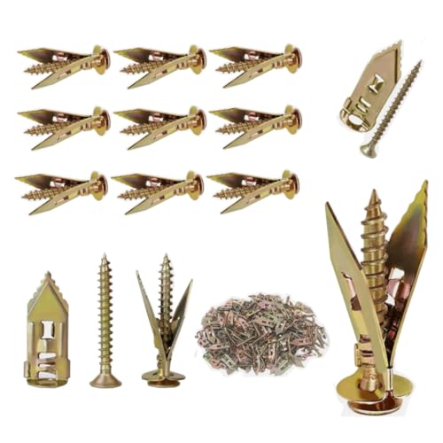 #8 100pcs self-Drilling Screws Drywall Carbon Steel Hollow Wall Anchor Expansion Yellow - Heavy Duty Holds Upto 75LB, no Drilling or Wall Drilling 50 Anchors + 50 Screws - color: Yellow