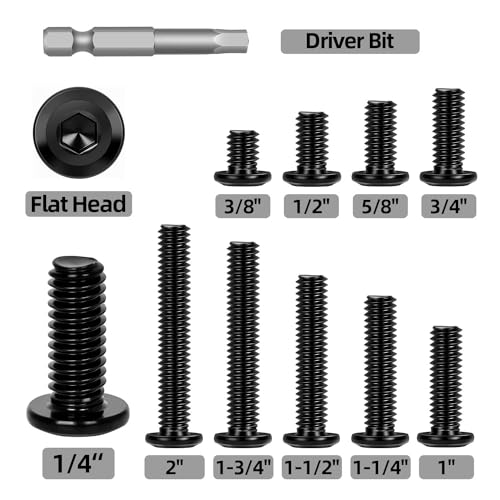 20 PCS 1/4"-20 x 1-1/2" Flat Head Socket Cap Screws Bolts, Flat Round Head Furniture Allen Bolts, Stainless Steel 304, Full Thread, Black Coating, Screwdriver Bit Included - size: 1/4"-20 x 1-1/2"