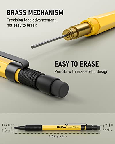 Nicpro 3 PCS 1.3 mm Mechanical Pencil Set with 48 Lead Refills, 3 Eraser - style: 3 Pack (Yellow)