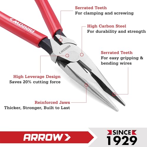 ARROW 8" High Leverage Needle Nose Pliers, Long Nose Pliers - size: 8 INCH