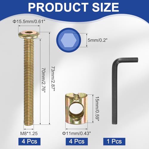 PATIKIL 4 Set Bunk Bed Bolts and Nuts Kit, M8x70mm Furniture Bolts Hex Drive Socket Cap Hardware Replacement for Beds Headboards Chairs - size: M8x70mm