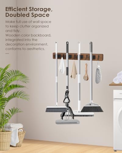 AceMining 2 Pack Broom Holder Wall Mount, 4 Holders 4 Hooks Mop Holder - color: Brown, size: 2 Pack