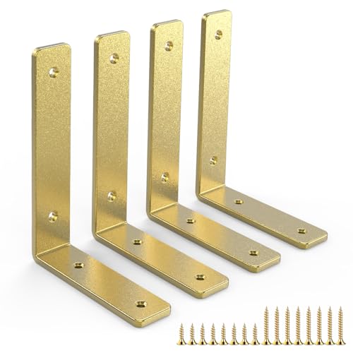 Gold Heavy Duty Shelf Brackets 12 Inch, Extra Thick L Shelving Brackets, Rustic Gold Iron Floating Shelves Wall Mounted with Hardware for DIY Open Shelving, 4 Pack - color: Gold, size: 12 Inch