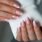 Curvlife Soft Gel Press On Nails Medium Almond Nude Pink French Tip with Polka Dots, Glue On Fake Nails Reusable False Nails Stick On Nail Tips for Women - color: B9 - Pink French Tip Polka Dots
