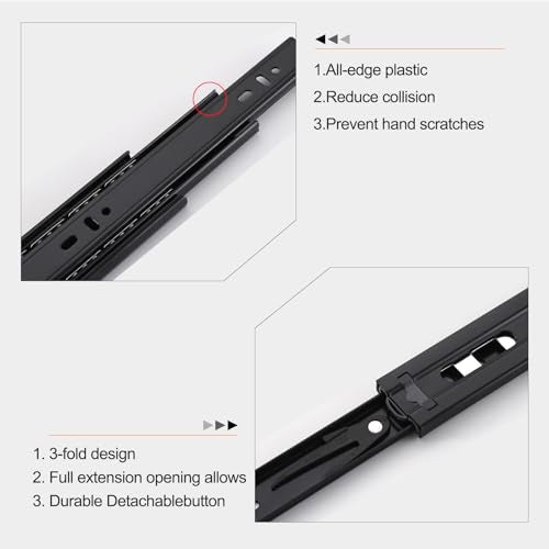 20 inch Drawer Slides 6 Pairs (12pcs) Full Extension Ball Bearing Drawer Rails Side Mount 3 fold Metal Dresser Runners for File Cabinet Trash Can Kitchen Wardrobe Glides 20" Black 100 LB Capacity - size: 20inch(500mm)