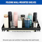 Folding Metal Floating Shelf, 17 x 10 Inch Wall Mounted Storage Rack with Lip — Holds 100LBs per Shelf, Space-Saving Foldable Design for Garage, Workshop, Kitchen & Office, Black (2 Pack)