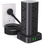 10FT Power Strip Tower Surge Protector, 12 Wide Spaced Outlets, 4 USB - color: Black, size: 10FT without Wireless Charging