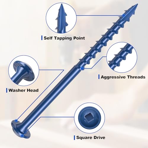 #8 Pocket Hole Screws 1-1/4 Inch, 100Pcs Coarse Thread Wood Screws, Square Drive, Washer Head, 4-Layer Coating, Drive Bit Included (Blue) - color: Blue, size: #8 x 1-1/4"