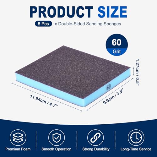 8Pcs 60Grit Double-Sided Sanding Sponges, Washable & Reusable - size: 60Grit