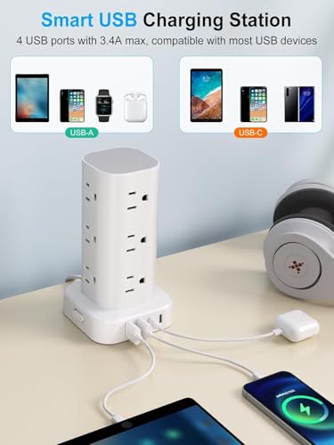 Power Strip Tower with Wireless Charger,Surge Protector with 12 Outlets - color: White, size: 15FT with Wireless Charging