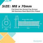 M8 x 70mm 8Pcs Flat Head Hex Socket Cap Screws, 304 Stainless Steel 18-8, Black Zinc Plated, Connection Furniture Bolts, Full Thread - size: M8 x 70mm(10PCS)