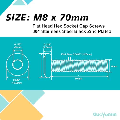 M8 x 70mm 8Pcs Flat Head Hex Socket Cap Screws, 304 Stainless Steel 18-8, Black Zinc Plated, Connection Furniture Bolts, Full Thread - size: M8 x 70mm(10PCS)