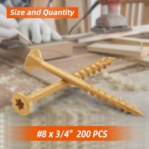 #8 x 3/4" Wood Screws, Outdoor Deck Screws with Star Drive, Tan Coated Screws for Outdoor Use, Coarse Threads, Self-Tapping, T-25 Drive Bit Included, 200 PCS - color: Tan, size: #8 x 3/4"