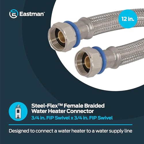 Eastman 12 Inch Steel-Flex Water Heater Connector, 3/4 Inch x 3/4 Inch FIP Swivel, Braided Stainless Steel Water Heater Connectors, 48250 - size: 12 Inch