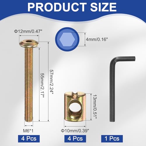 PATIKIL 4 Set Bunk Bed Bolts and Nuts Kit, M6x55mm Furniture Bolts Hex Drive Socket Cap Hardware Replacement for Beds Headboards Chairs - size: M6x55mm