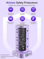 6FT Power Strip Tower Surge Protector, 12 Wide Spaced Outlets, 4 USB - color: Purple, size: 6FT without Wireless Charging
