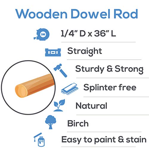 Wooden Dowel Rod, 1/4 Inch x 36 Inch Wood Dowels, Pack of 25 Wooden Dowels for Crafts, Unfinished Hardwood Wooden Dowels Rods, Strong Wood Rod Dowels for Crafting and DIYers - size: 1/4" x 36" Dowels