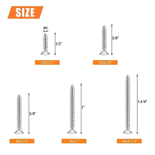 #4 x 1/2" 5/8" 3/4" 1" 1-1/4" Wood Screws Set, HELIFOUNER 200 Pieces Phillips Countersunk Head Self-Tapping Screws Assortment Kit, Phillips Flat Head Wood Screws, 304 Stainless Steel - size: #4