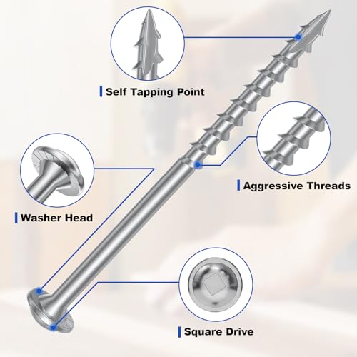 #8 Pocket Hole Screws 1-1/4 Inch, 100Pcs Coarse Thread Wood Screws, Square Drive, Washer Head, 4-Layer Coating, Drive Bit Included (Silver) - color: Silver, size: #8 x 1-1/4"