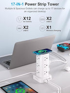Power Strip Tower with Wireless Charger,Surge Protector with 12 Outlets - color: White, size: 15FT with Wireless Charging