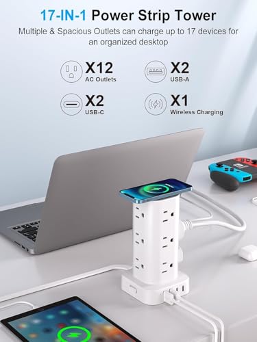 Power Strip Tower with Wireless Charger,Surge Protector with 12 Outlets - color: White, size: 15FT with Wireless Charging
