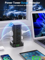 10FT Power Strip Tower Surge Protector, 12 Wide Spaced Outlets, 4 USB - color: Black, size: 10FT without Wireless Charging